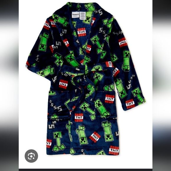 Minecraft Boys Luxe Plush Pajama Robe Size Large 10/12 Blue Green - Picture 8 of 8
